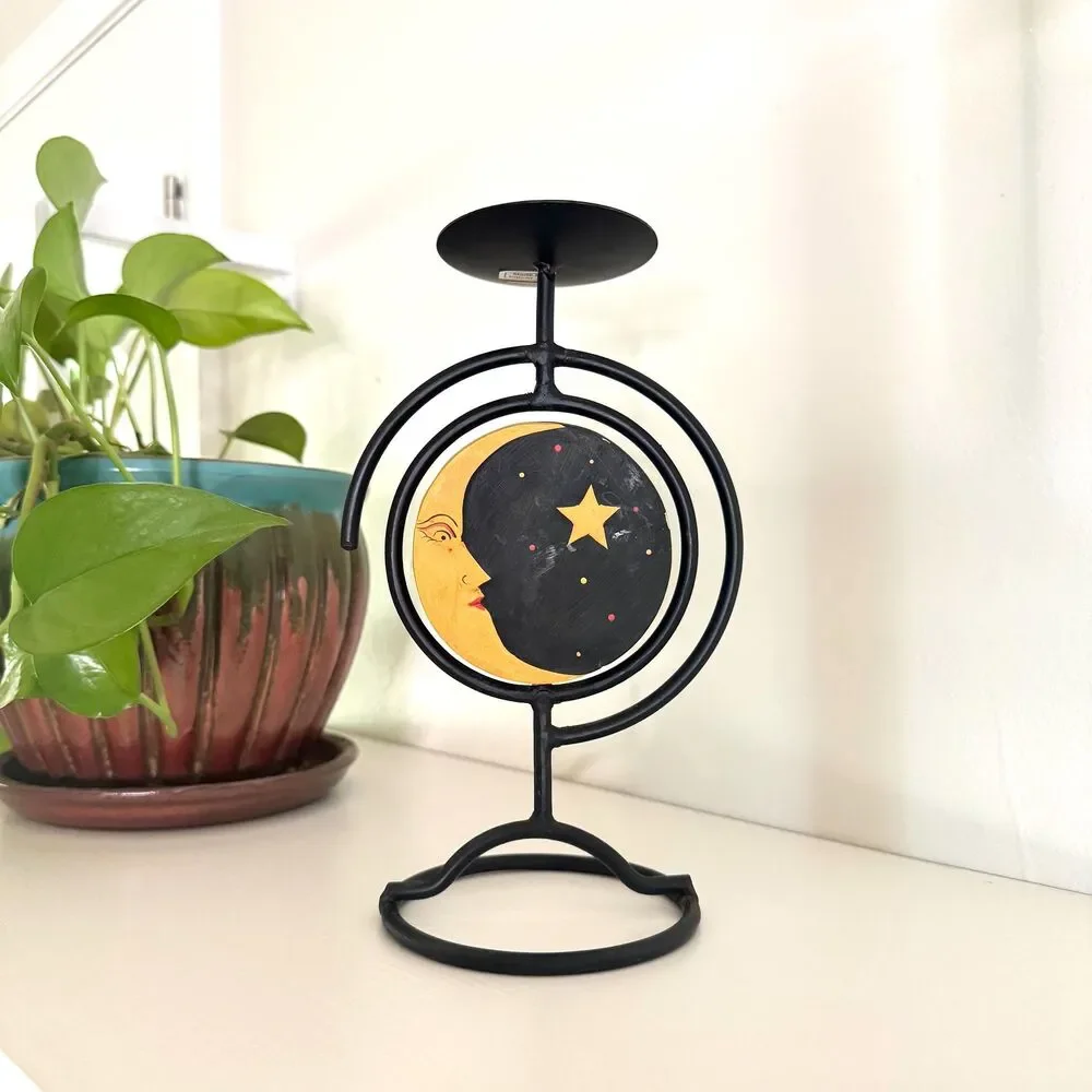 Vintage Celestial Candle Holder / Spinning Sun Moon Face / 90s Whimsigoth